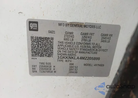 2021 GMC Acadia Fwd Sle z USA, uszkodzony, nr VIN 1GKKNKLA4MZ205899